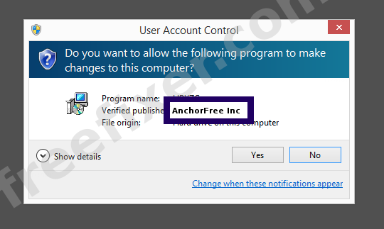Screenshot where AnchorFree Inc appears as the verified publisher in the UAC dialog